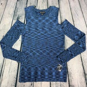 INC International Concepts Blue Black Marbled Knit Cold Shoulder Top Size Large